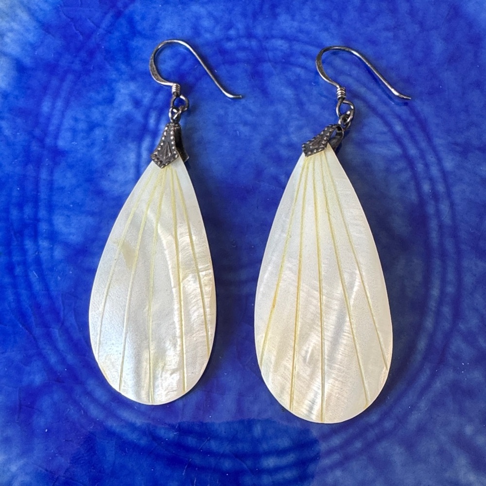 Vintage sterling silver and carved mother-of-pearl drop earrings